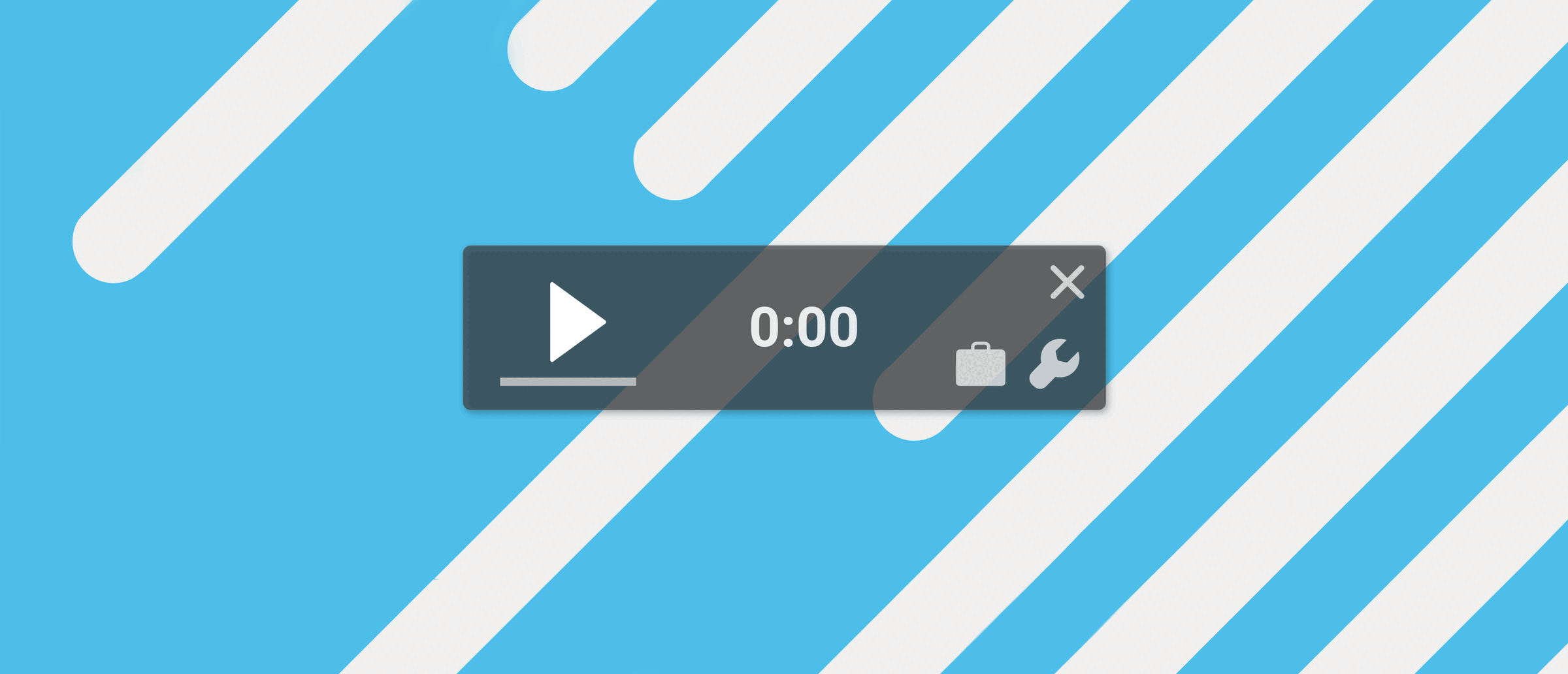 Video player control bar showing play button, timeline, 0:00 timestamp, and settings icons on blue striped background.
