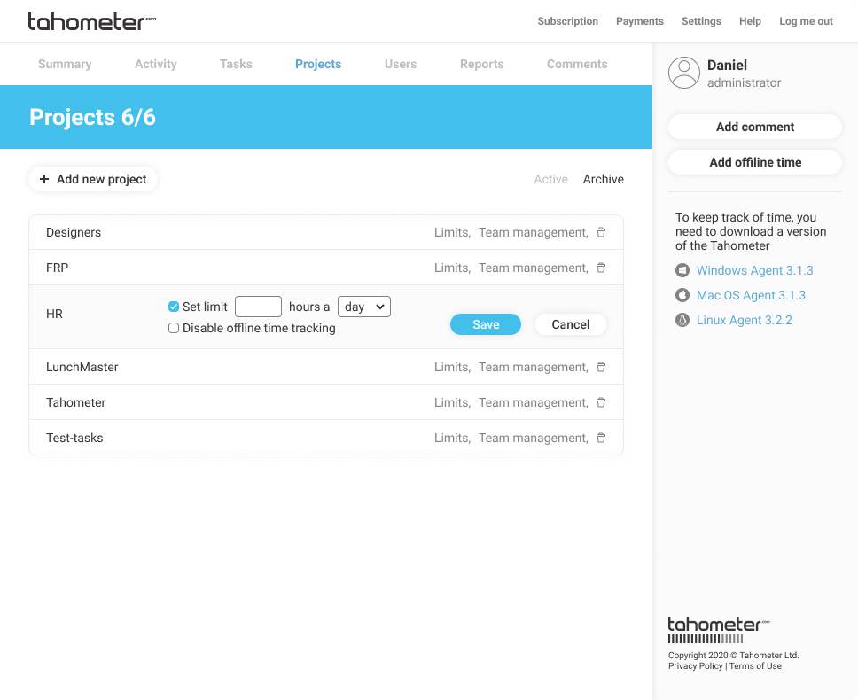 Tahometer Projects screen