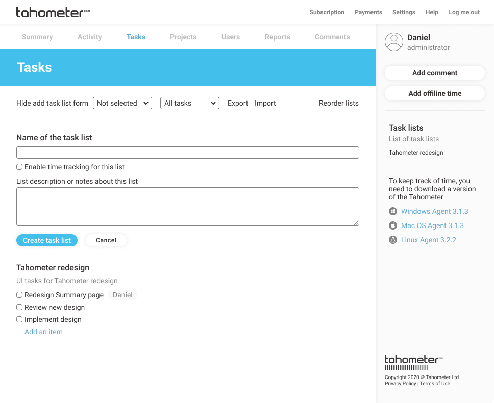 Tahometer Tasks screen
