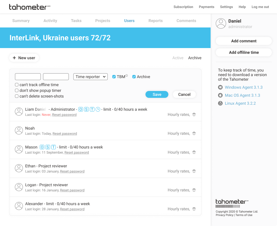 Tahometer Users screen